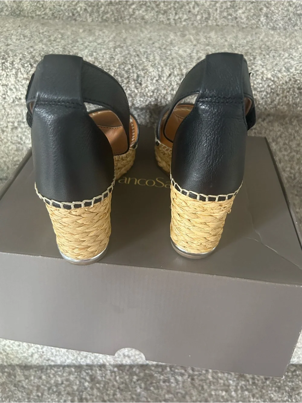 Franco Sarto Black Leather Espadrille Wedge Sandals with Ankle Strap